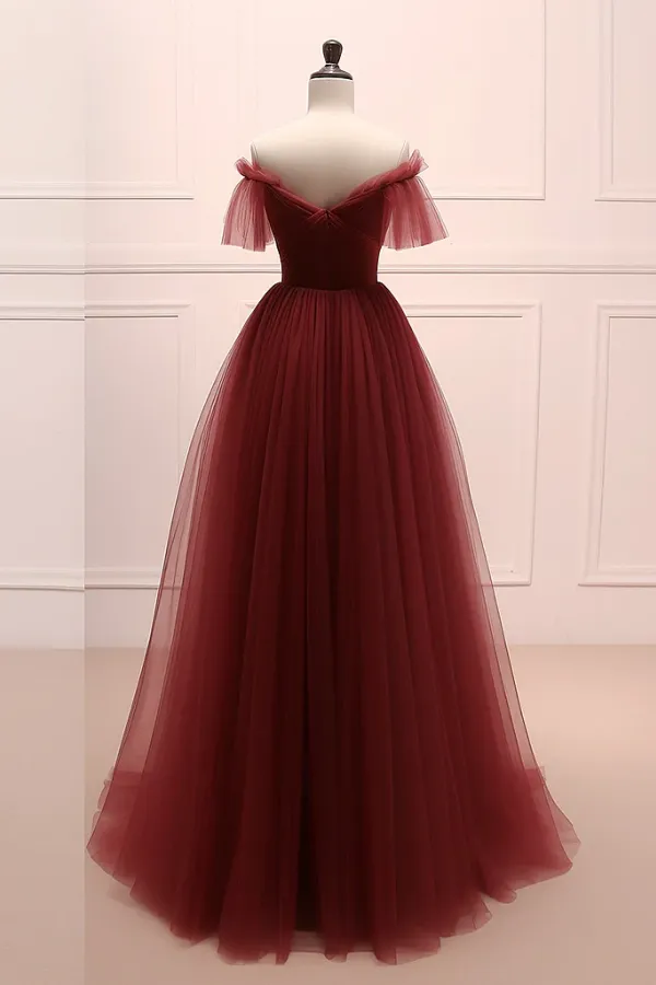 A Line Burgundy Tulle Long Prom Dress, Burgundy Long Evening Dress APP0877
