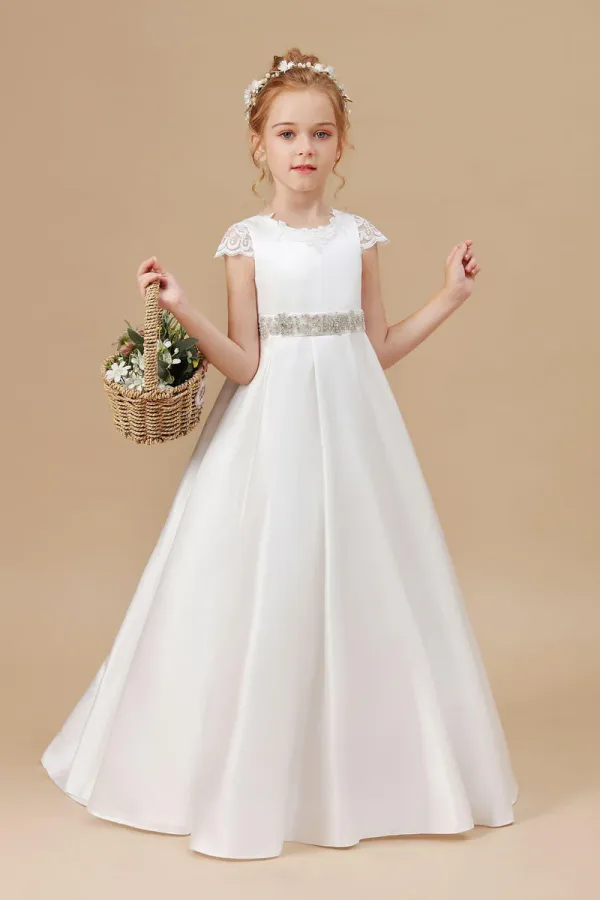 A Line Floor Length Bowknot Ivory Satin Flower Girl Dresses With Rhinestones Waist APF0003