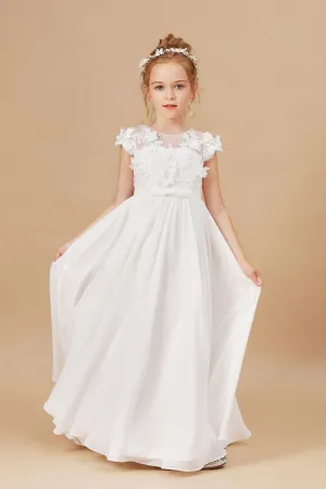 A Line Floor Length Ivory Chiffon Appliques Flower Girl Dresses APF0016