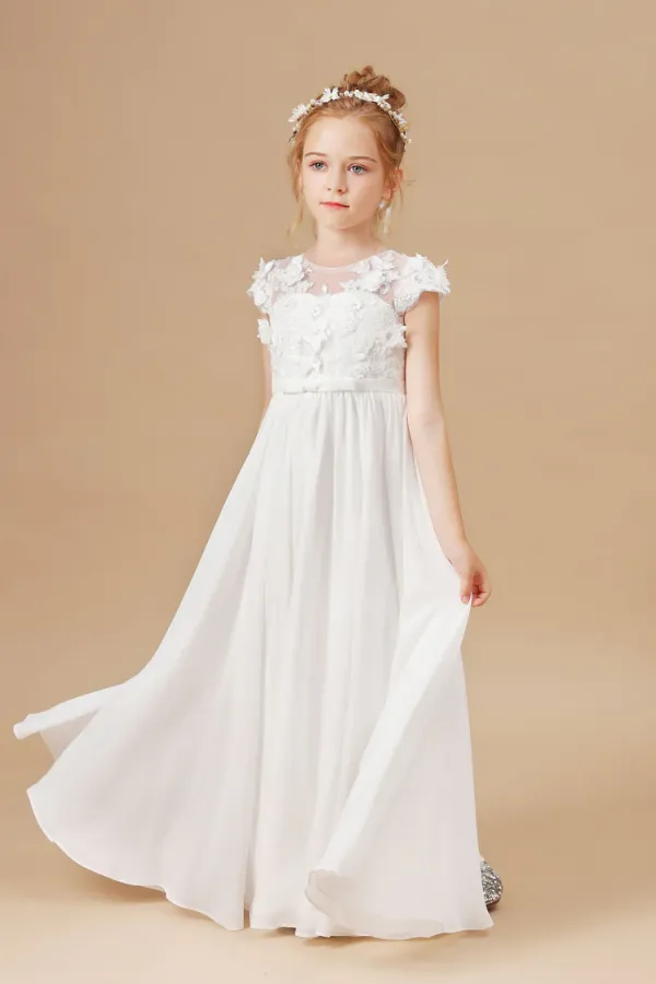 A Line Floor Length Ivory Chiffon Appliques Flower Girl Dresses APF0016