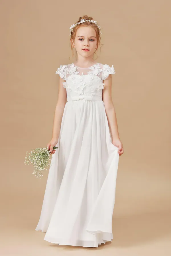 A Line Floor Length Ivory Chiffon Appliques Flower Girl Dresses APF0016
