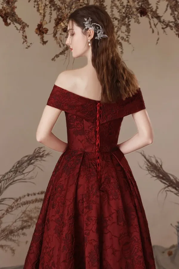 A Line Off Shoulder Satin Burgundy Long Prom Dress, Burgundy Long Formal Dress APP0929