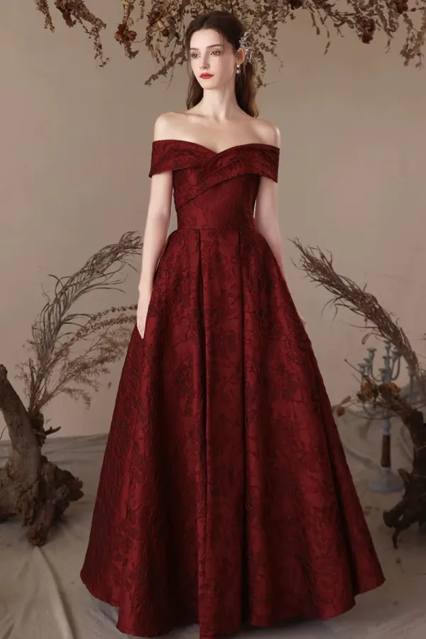 A Line Off Shoulder Satin Burgundy Long Prom Dress, Burgundy Long Formal Dress APP0929