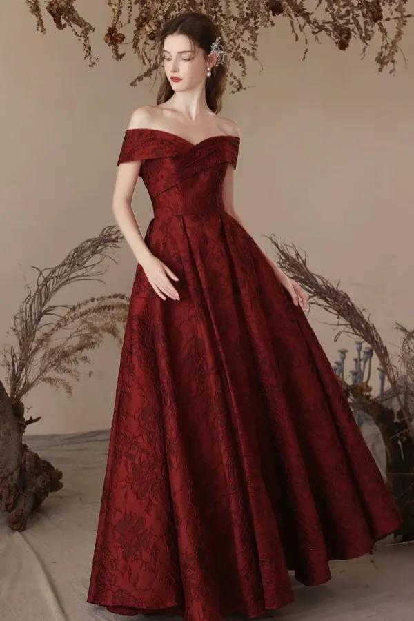 A Line Off Shoulder Satin Burgundy Long Prom Dress, Burgundy Long Formal Dress APP0929