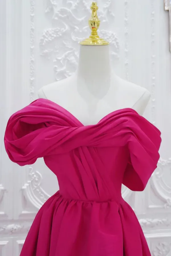 A Line Off Shoulder Satin Rose Red Long Prom Dress, Rose Red Long Evening Dress APP0911