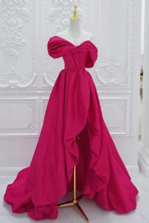 A Line Off Shoulder Satin Rose Red Long Prom Dress, Rose Red Long Evening Dress APP0911