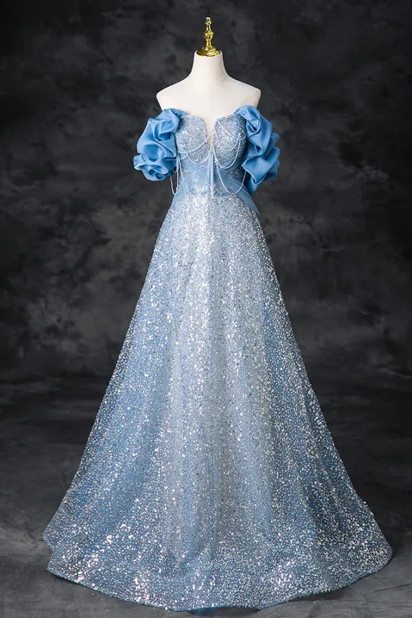 A Line Off Shoulder Sequin Beads Blue Long Prom Dress, Blue Long Evening Dress APP0928