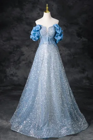 A Line Off Shoulder Sequin Beads Blue Long Prom Dress, Blue Long Evening Dress APP0928