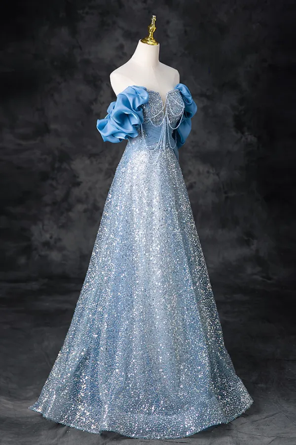 A Line Off Shoulder Sequin Beads Blue Long Prom Dress, Blue Long Evening Dress APP0928