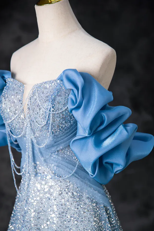 A Line Off Shoulder Sequin Beads Blue Long Prom Dress, Blue Long Evening Dress APP0928