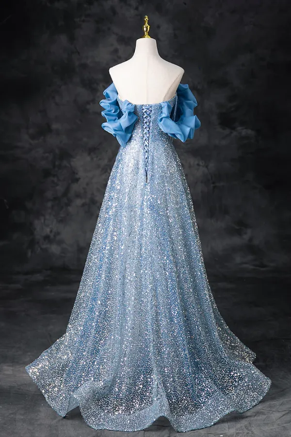 A Line Off Shoulder Sequin Beads Blue Long Prom Dress, Blue Long Evening Dress APP0928