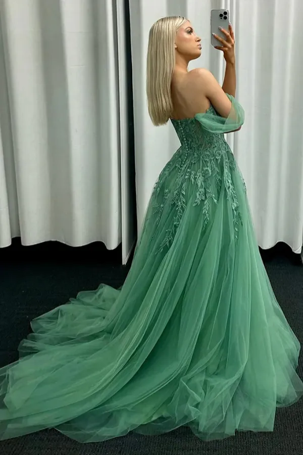 A Line Off Shoulder Tulle Lace Green Long Prom Dress, Green Long Formal Dress APP0983