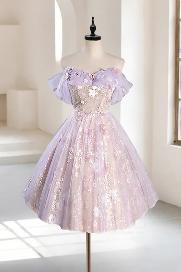 A Line Off Shoulder Tulle Lace Purple Short Prom Dress, Cute Purple Homecoming Dress APH0260