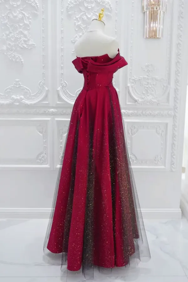 A Line Off Shoulder Tulle Satin Burgundy Long Prom Dress APP1001