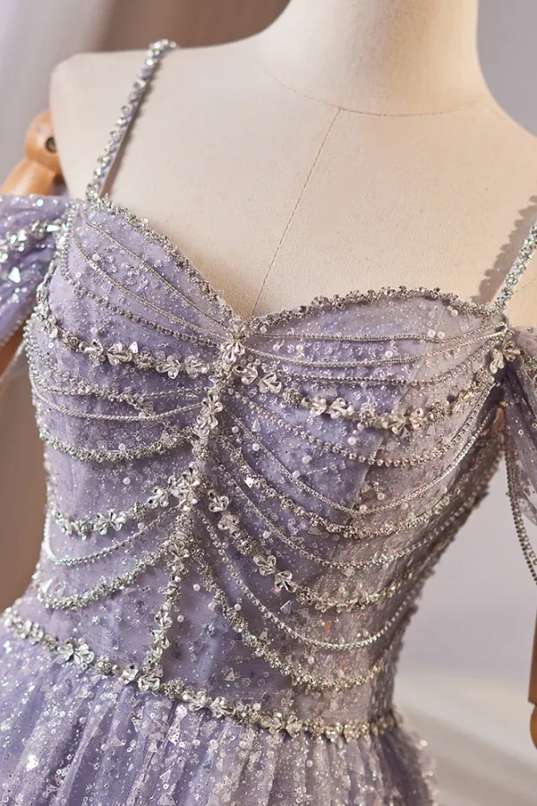 A Line Off Shoulder Tulle Sequin Blue Long Prom Dress, Tulle Sequin Evening Dress APP1076