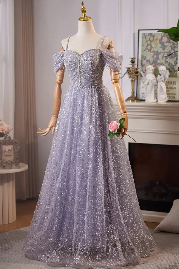 A Line Off Shoulder Tulle Sequin Blue Long Prom Dress, Tulle Sequin Evening Dress APP1076