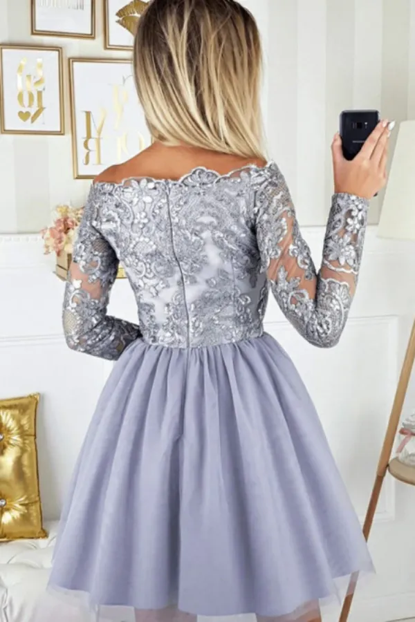 A line Off the shoulder Short Prom Dress With Lace Long Sleeve Beautiful Homecoming Dresses APH0223