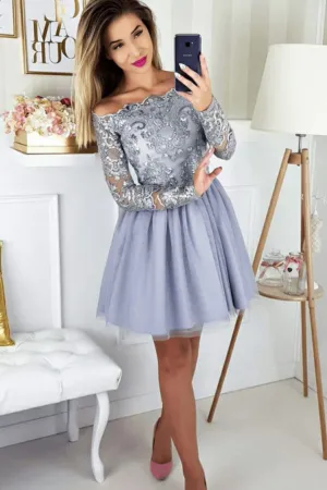 A line Off the shoulder Short Prom Dress With Lace Long Sleeve Beautiful Homecoming Dresses APH0223