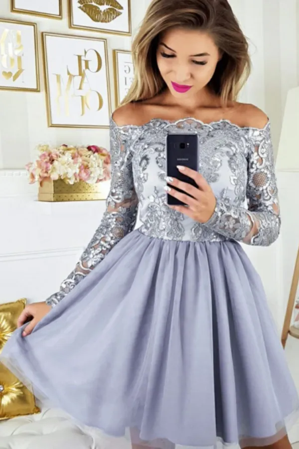 A line Off the shoulder Short Prom Dress With Lace Long Sleeve Beautiful Homecoming Dresses APH0223