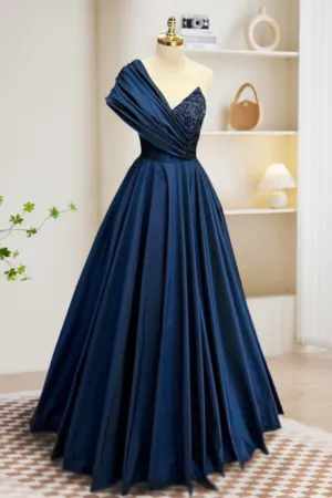 A Line One Shoulder Satin Beads Dark Blue Long Prom Dress, Blue Long Evening Dress APP0841