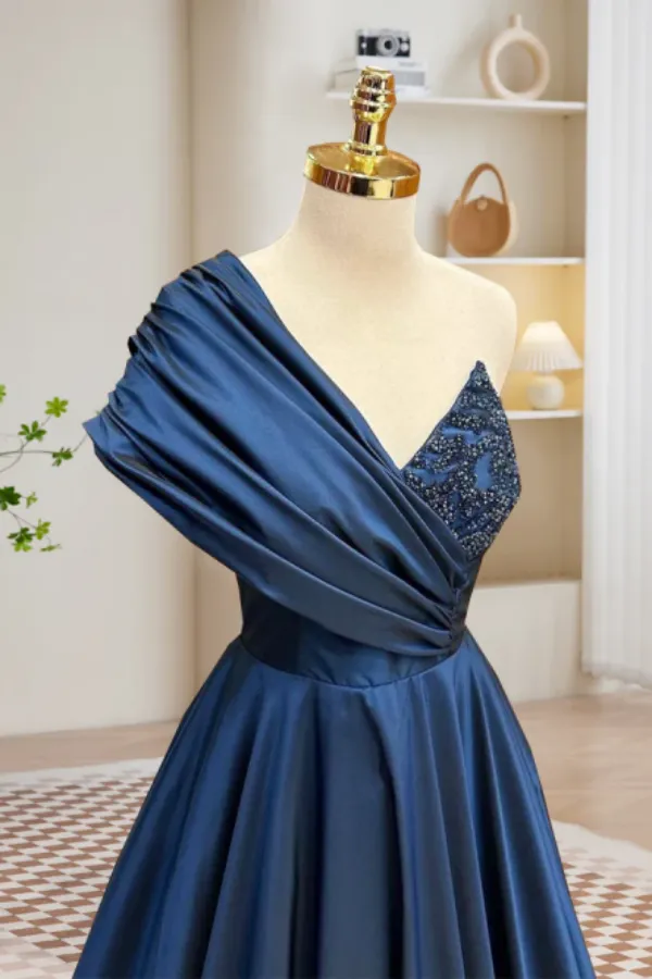 A Line One Shoulder Satin Beads Dark Blue Long Prom Dress, Blue Long Evening Dress APP0841