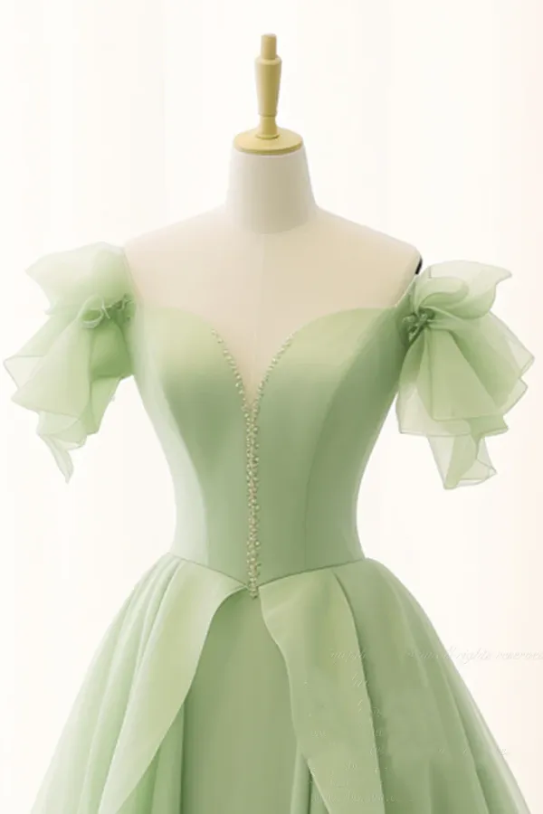 A Line Organza Green Long Prom Dress, Green Long Graduation Dress APP0917