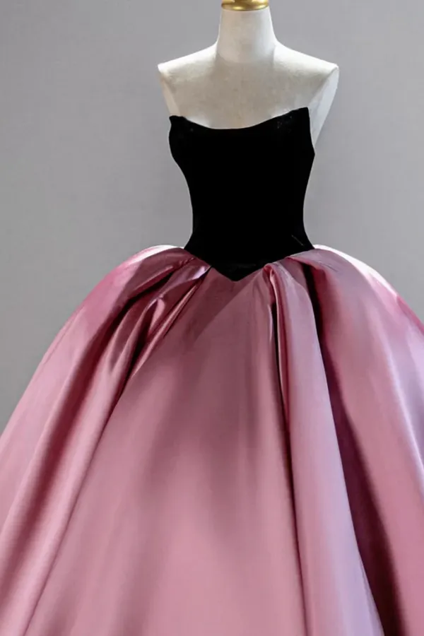 A Line Pink Black Satin Long Prom Dress, Long Evening Dress APP1141