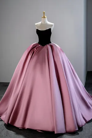 A Line Pink Black Satin Long Prom Dress, Long Evening Dress APP1141
