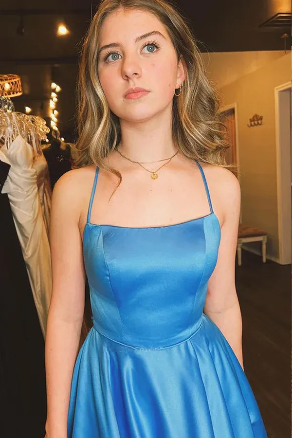 A Line Scoop Neck Spaghetti Straps Blue Satin Long Prom Dress With Slit APP0729