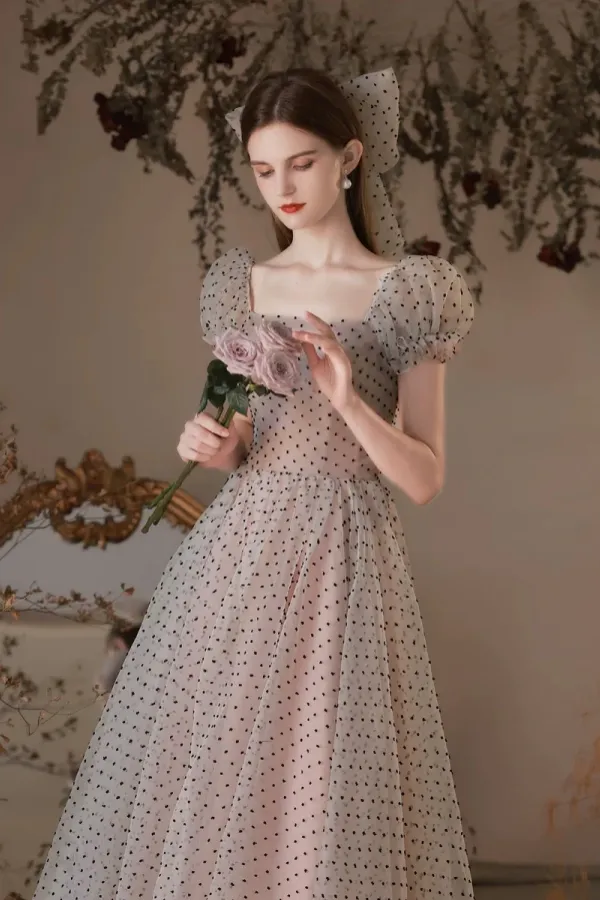 A Line Short Sleeves Polka Dots Tulle Long Prom Dress With Bow APP1002