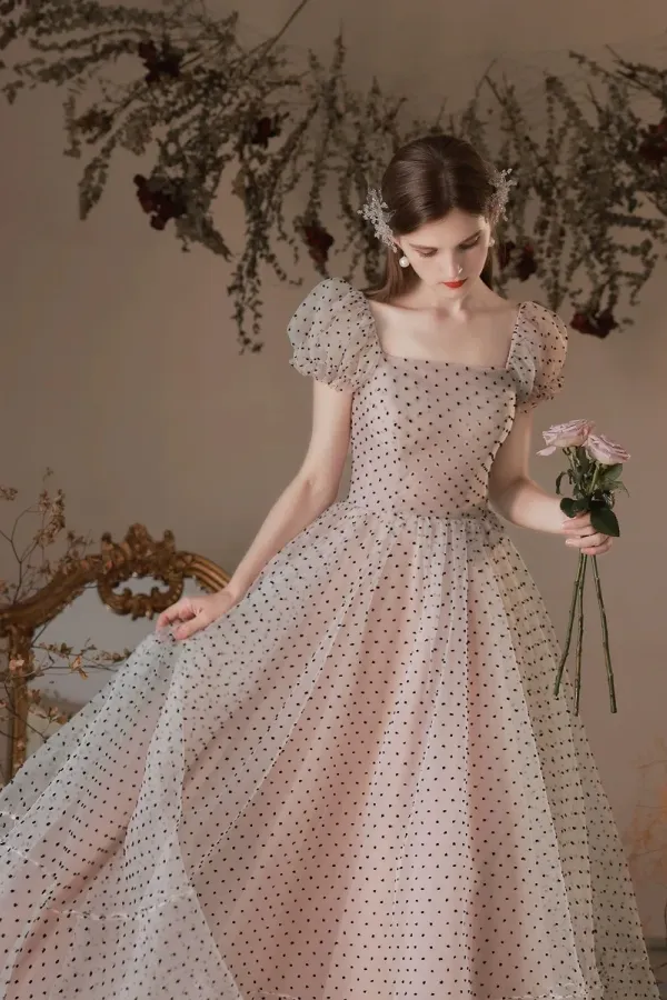 A Line Short Sleeves Polka Dots Tulle Long Prom Dress With Bow APP1002