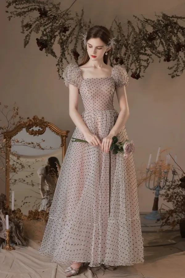 A Line Short Sleeves Polka Dots Tulle Long Prom Dress With Bow APP1002