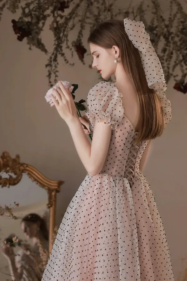 A Line Short Sleeves Polka Dots Tulle Long Prom Dress With Bow APP1002