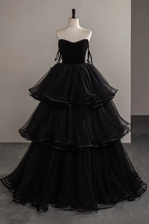 A Line Sweetheart Neck Tulle Velvet Black Long Prom Dress, Long Evening Dress APP1124