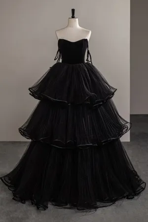 A Line Sweetheart Neck Tulle Velvet Black Long Prom Dress, Long Evening Dress APP1124