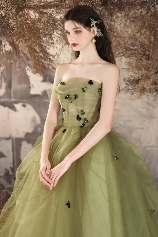 A Line Tulle Applique Green Long Prom Dress, Green Long Evening Dress APP1042