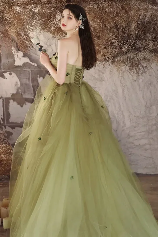 A Line Tulle Applique Green Long Prom Dress, Green Long Evening Dress APP1042