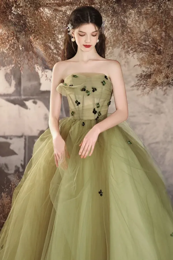 A Line Tulle Applique Green Long Prom Dress, Green Long Evening Dress APP1042