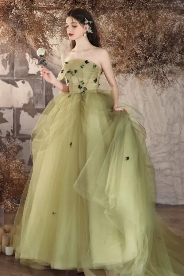 A Line Tulle Applique Green Long Prom Dress, Green Long Evening Dress APP1042