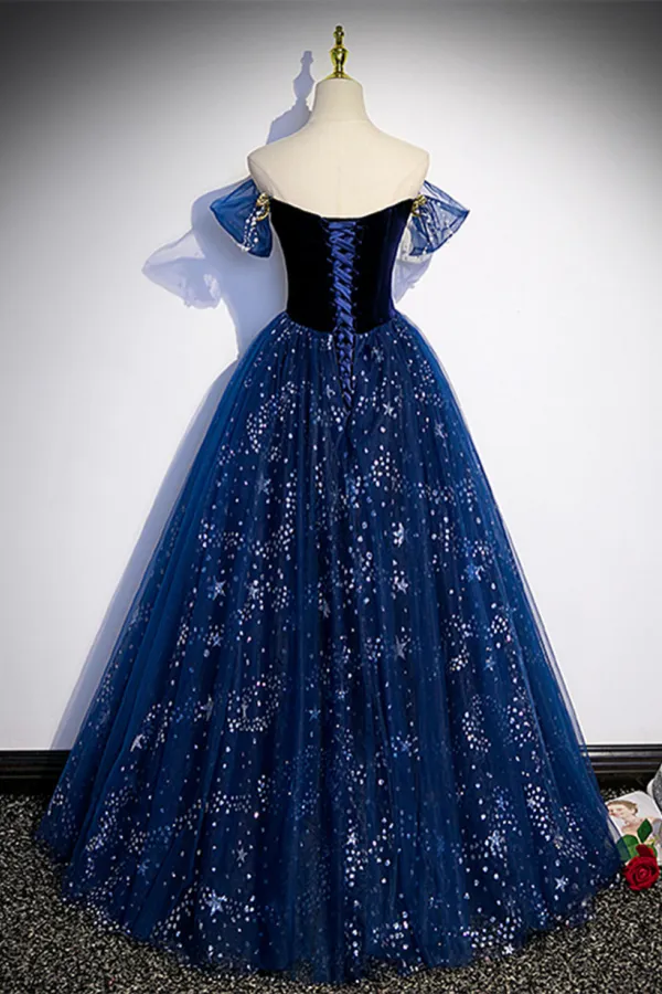 A Line Tulle Off Shoulder Beaded Long Party Dress, Navy Blue Tulle Prom Dress APP0889
