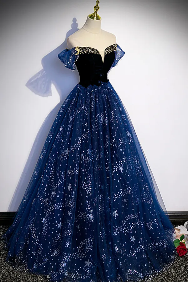 A Line Tulle Off Shoulder Beaded Long Party Dress, Navy Blue Tulle Prom Dress APP0889