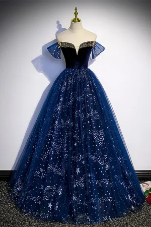 A Line Tulle Off Shoulder Beaded Long Party Dress, Navy Blue Tulle Prom Dress APP0889