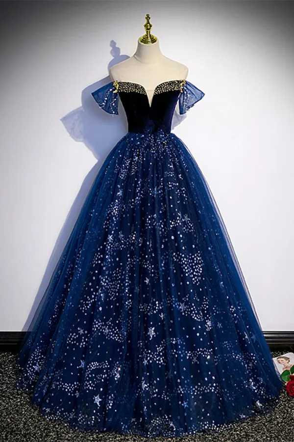 A Line Tulle Off Shoulder Beaded Long Party Dress, Navy Blue Tulle Prom Dress APP0889