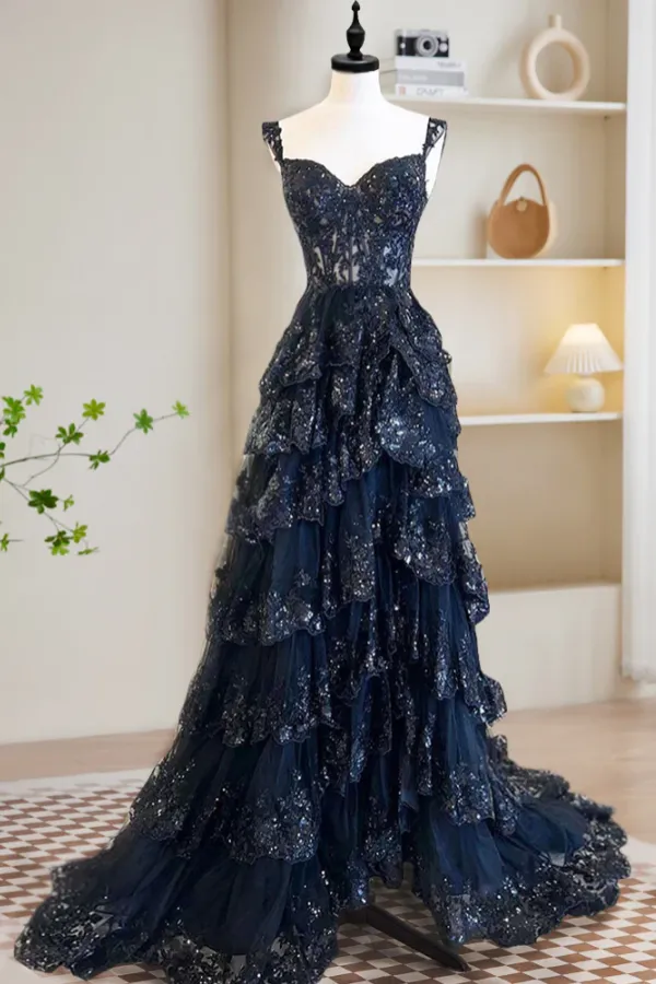 A Line Tulle Sequin Black Long Prom Dress, Black Sequin Long Formal Dress APP0875