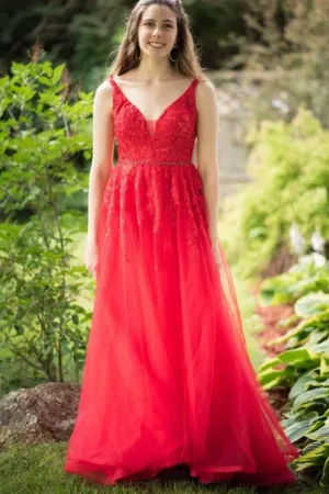 A Line V Neck Red Lace Long Prom Dresses with Belt, Formal Dresses APP1029