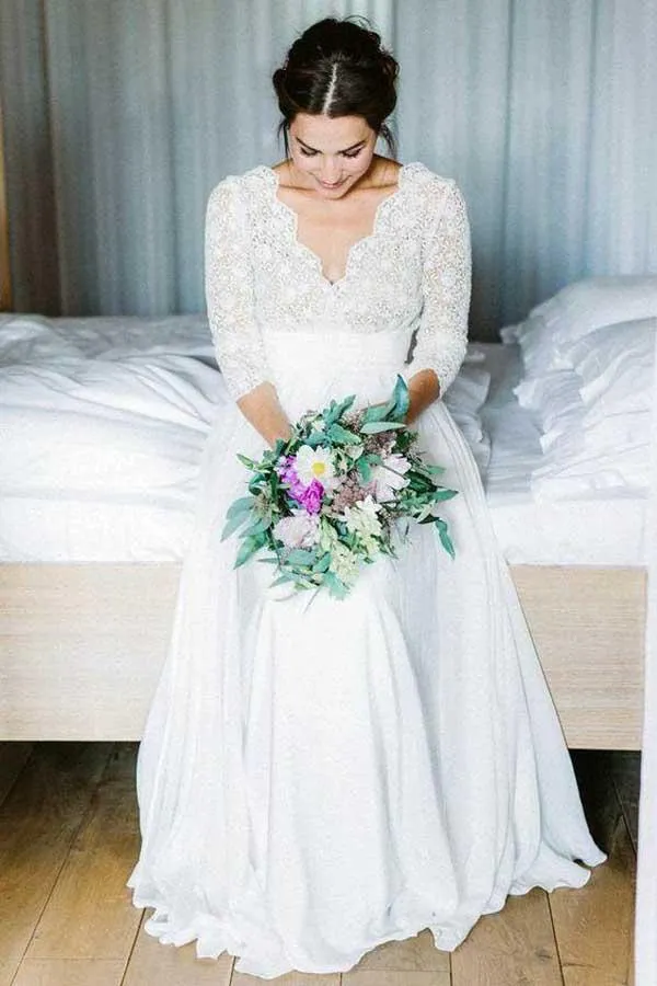 Anneprom  3/4 Sleeve See Through Backless Lace & Chiffon Wedding Dresses APW0219