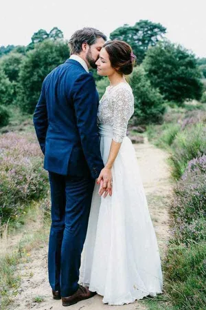 Anneprom  3/4 Sleeve See Through Backless Lace & Chiffon Wedding Dresses APW0219