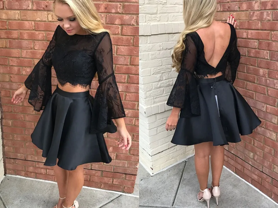 Anneprom A line Bateau Mini Satin Beaded Appliqued Two Piece Homecoming Dresses APH0134