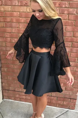 Anneprom A line Bateau Mini Satin Beaded Appliqued Two Piece Homecoming Dresses APH0134
