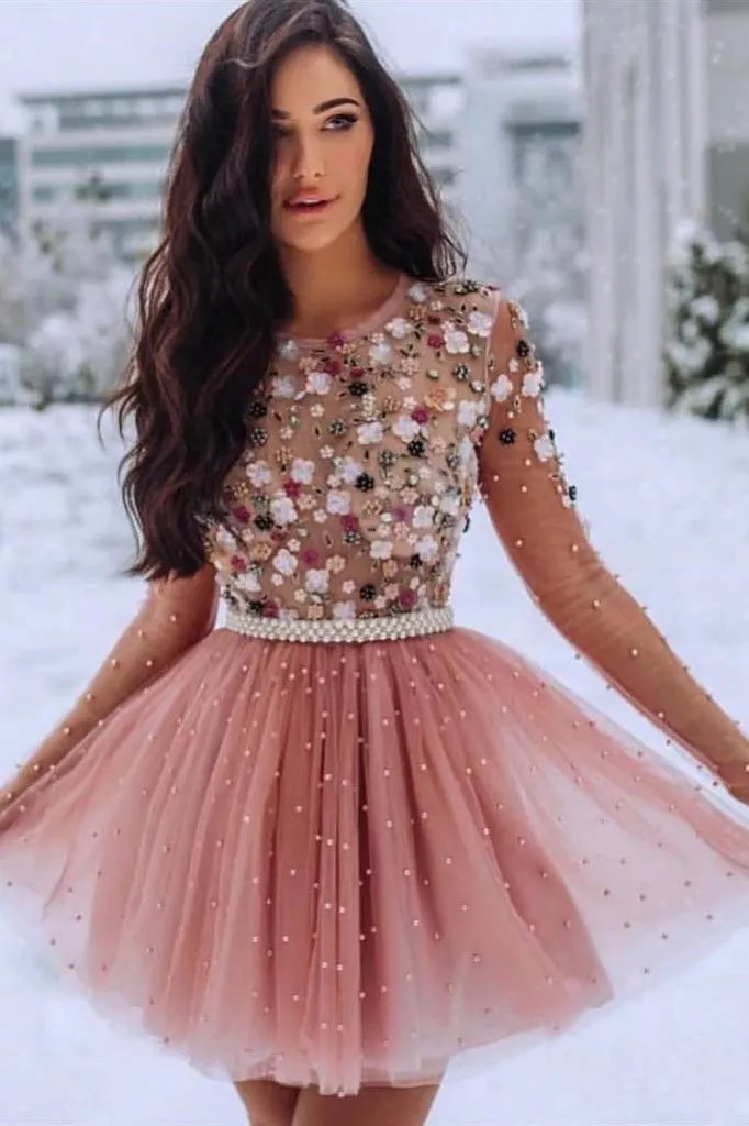 Anneprom A Line Blush Pink Long Sleeve Homecoming Dresses 3D Flowers Beaded Short Prom Dresses APH0101